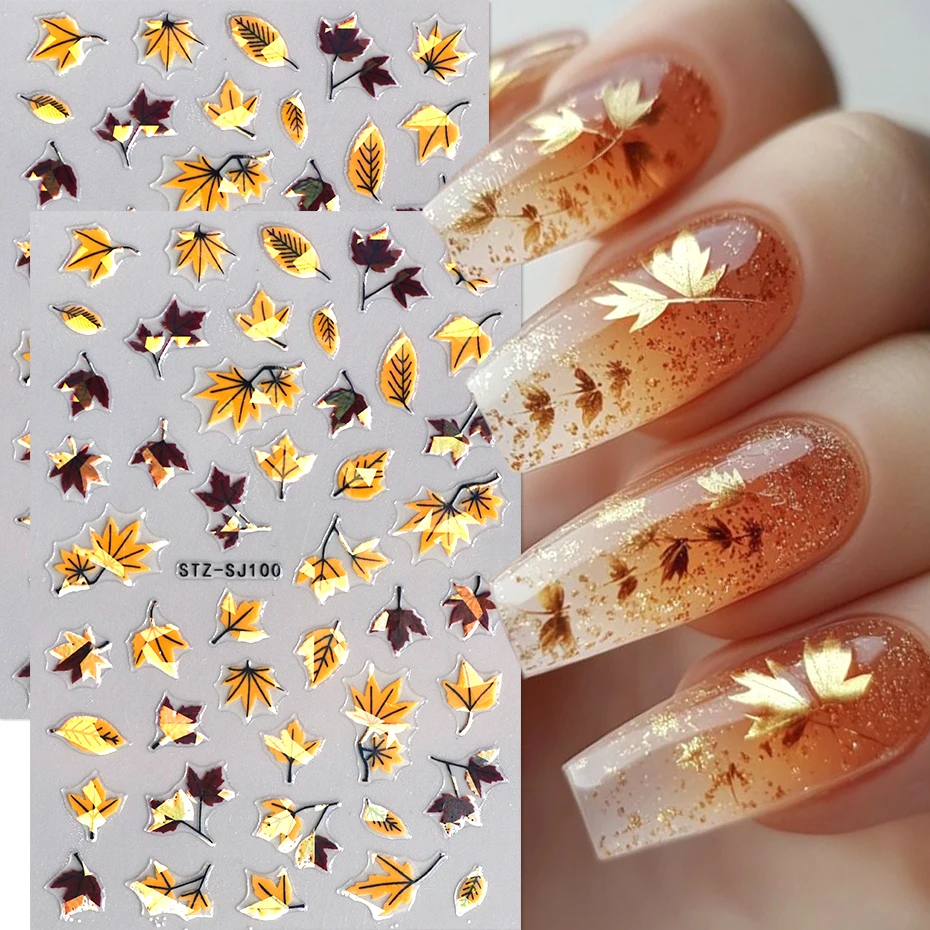 2pcs Autumn Maple Leaf Nail Art Sticker Golden Yellow Brown Leaves Nail Decals For Thanksgiving Sliders Manicure DIY Women Girls