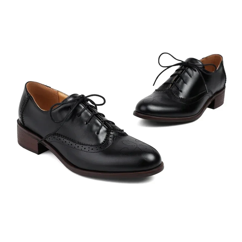 Spring Autumn Oxfords Shoes for Women British Style Lace Up Round Toe Black White Vintage Brogue Flats Female Derby Shoes 43