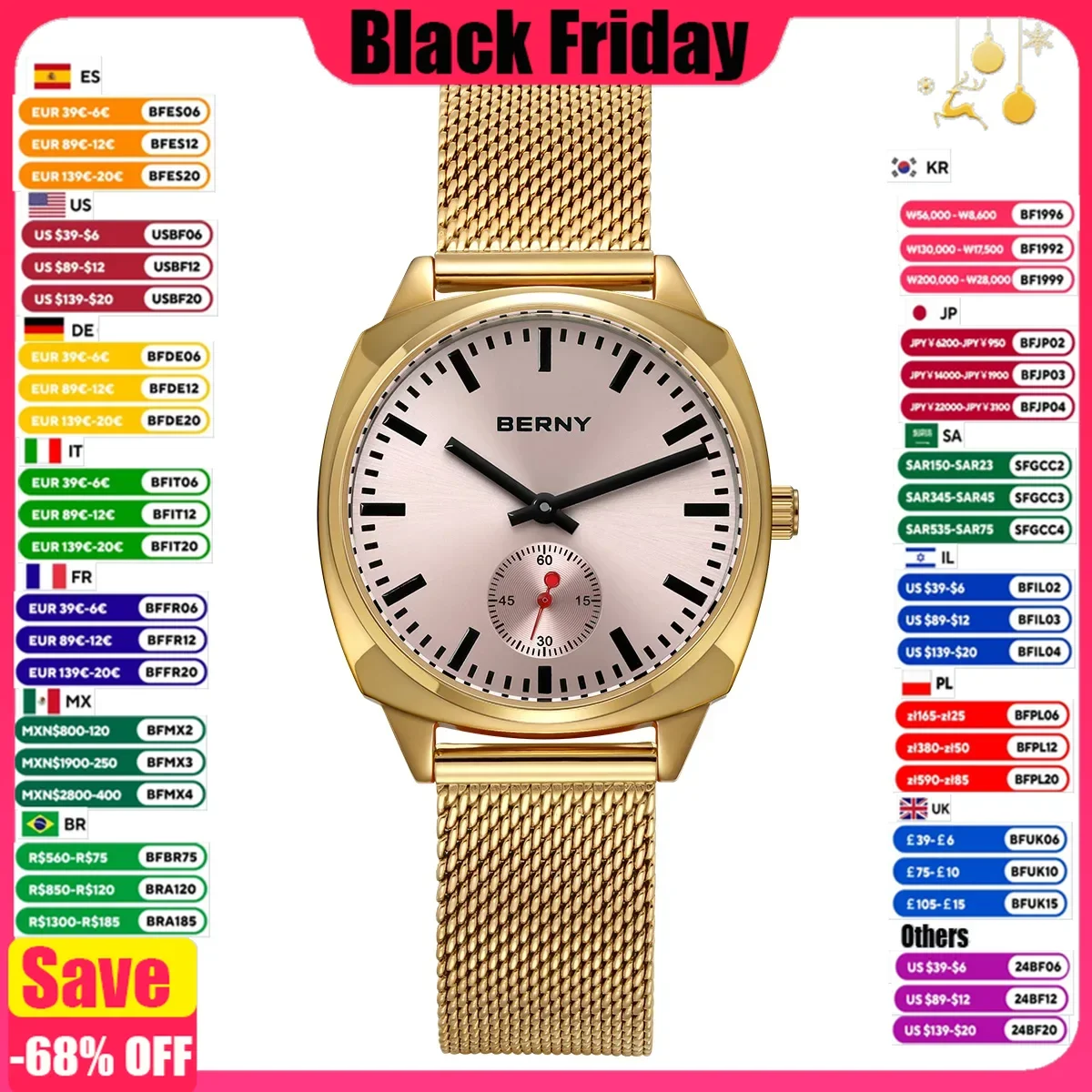 BERNY Railway Watch for Women Quartz Ladies Watch Simple Versatile Simple Dial Wristwatch Waterproof Leisure Watch for Women