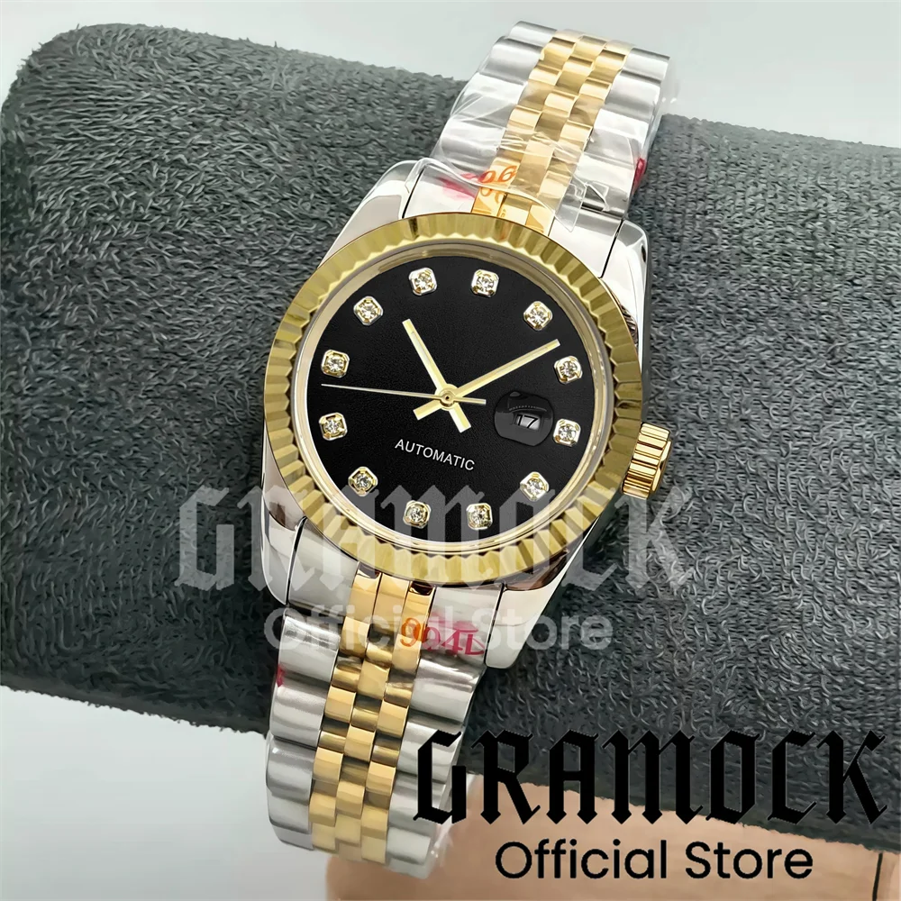 Gramock 31mm Silver Gold Luxury Lady's NH05 Mechanical Wristwatch Black Matte Dial Gold Diamond Mark 100m Diving Watch For Women