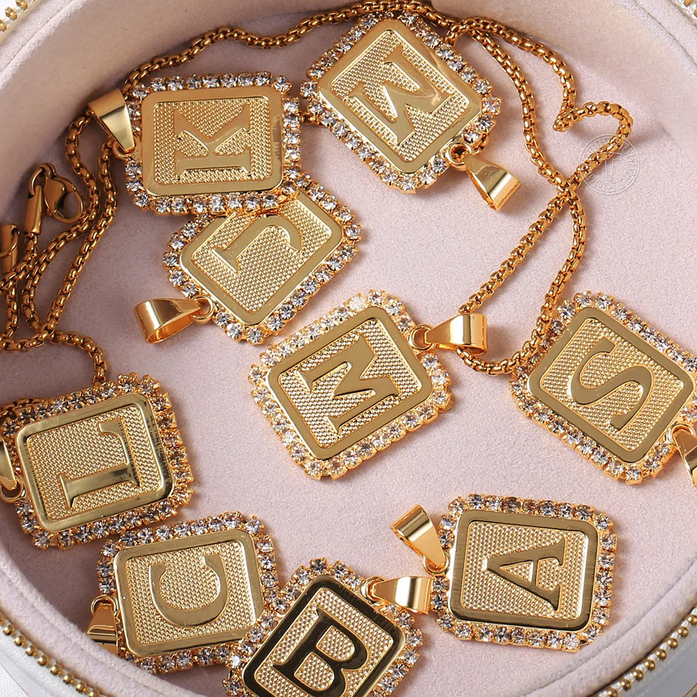 26 Letters Necklace Crystal Rhinestone Square Pendant Box Chain for Women Men A - Z Initia Name Jewelry Gift Wholesale GP441B