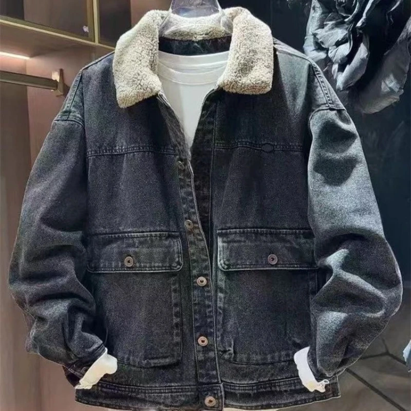 Men's Winter Vintage Fleece Lined Thick Warm Denim Jacket Korean Style Lambswool Padded Coat Trendy Outerwear
