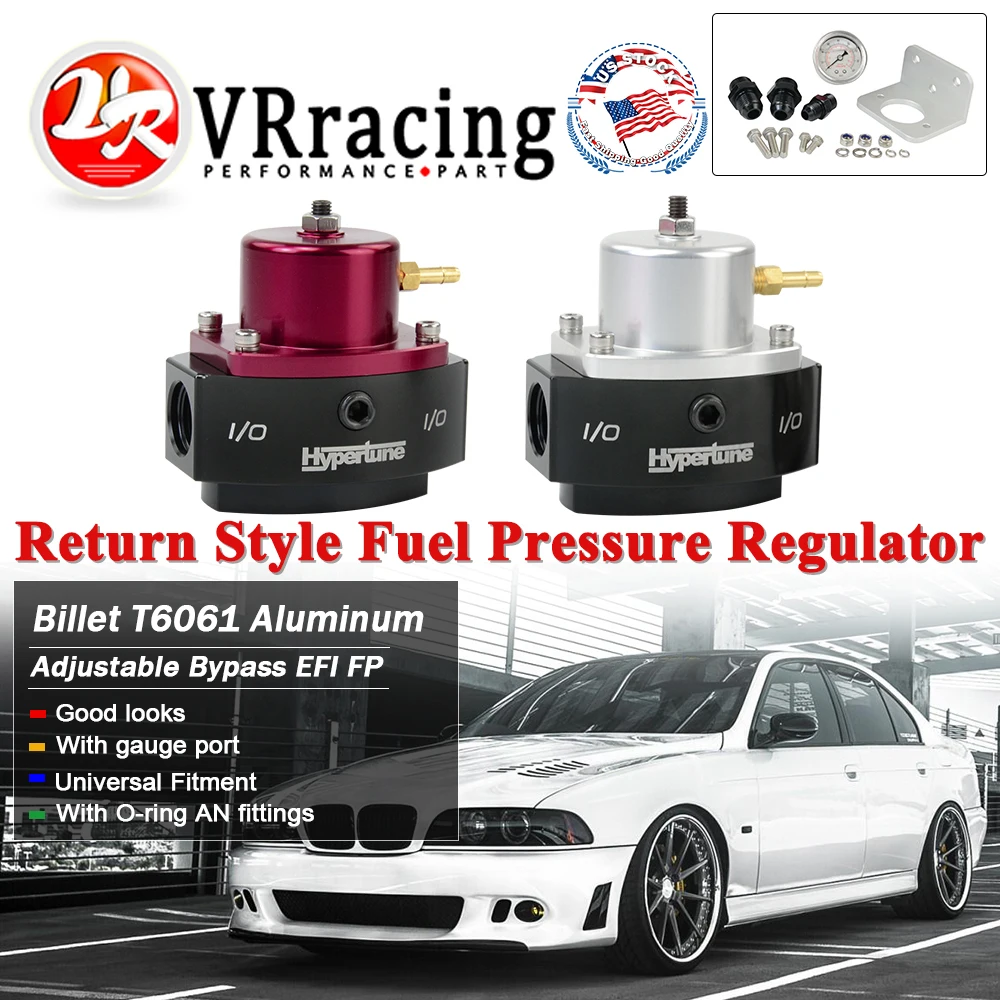 VR AN6/AN8 E85 Compatible Return Adjustable Style Billet Aluminum BypassEFI Fuel Pressure Regulator With Oil Gauge