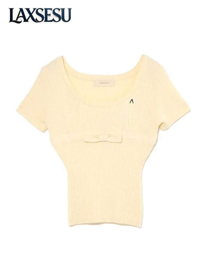 2026 Summer Elegant Knitted Top Japanese Style Square Collar T-shirt Bow Short Sleeve T-shirts for Women Casual Tees Femme