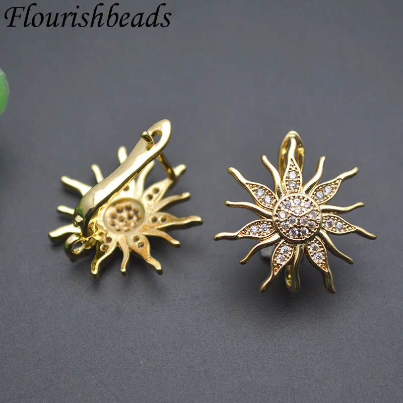 Metal Brass Real 18k Gold Plated Sun Flower Shape Earring Hook Clasps Paved CZ Beads Jewelry Findings