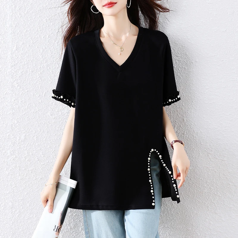 

Women V-Neck Beading basics Elegant Chic T-shirts French t shirt Plus Size Clothing women clothing