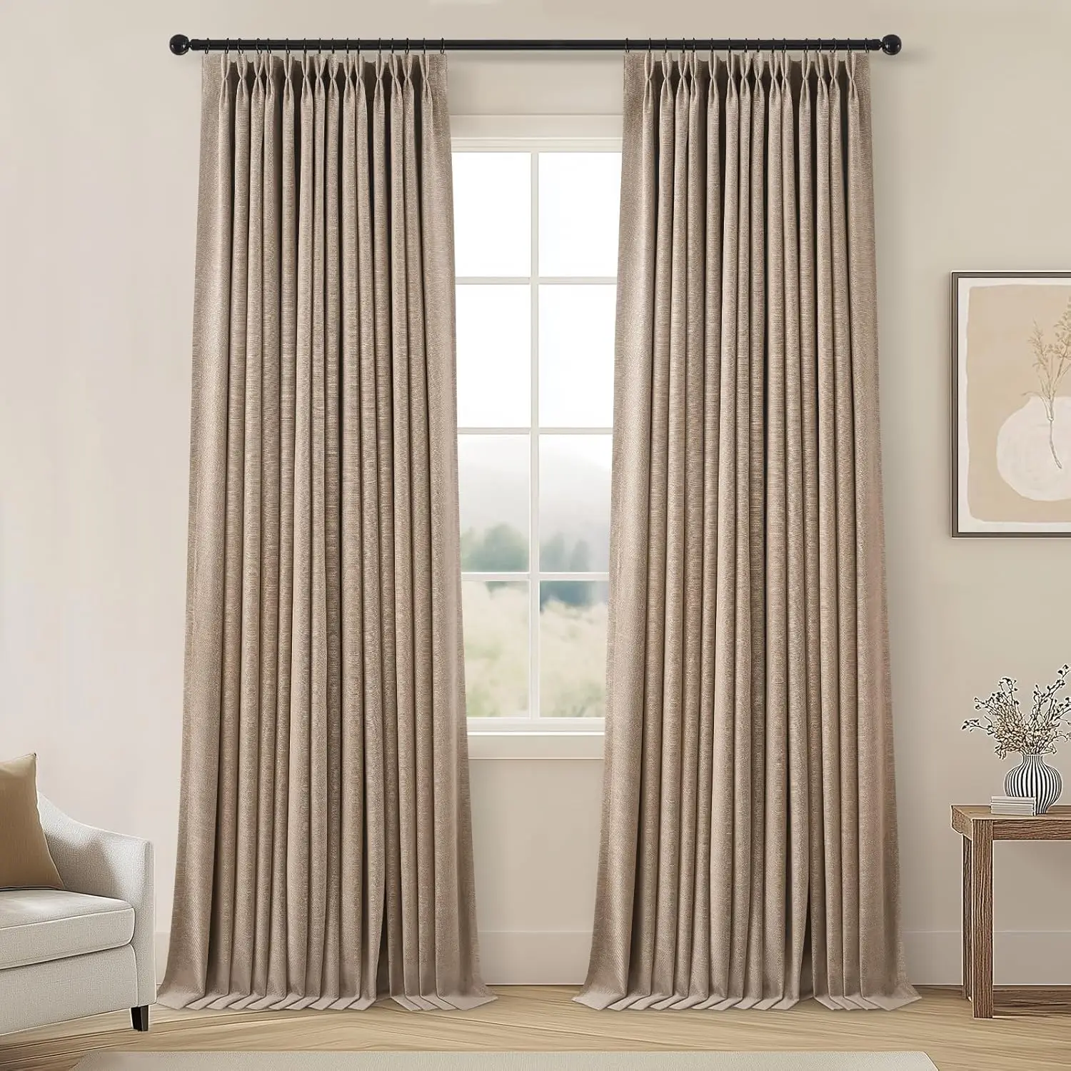 

Pinch Pleat 100% Blackout Curtains 84 Inch Length 2 Panels Set, Dark Linen Room Darkening Soundproof Curtains for Bedro