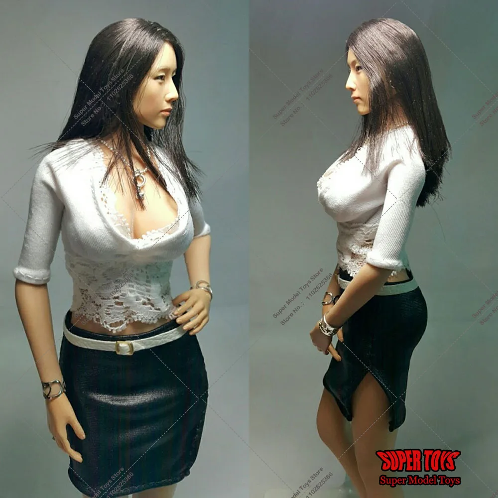 1/6 Scale Women's Deep V-neck Tight Top Split Leather Hip Skirt Clothes Set Belt Model for 12 inch Female Action Figure