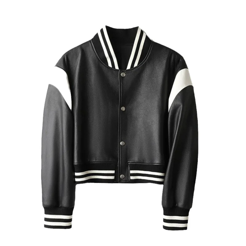 Chaqueta de béisbol de piel de oveja auténtica para mujer, abrigo de motocicleta con contraste en blanco y negro, nuevo estilo, 2023