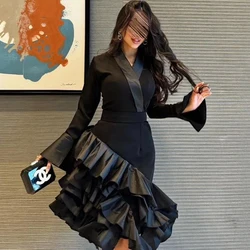 Dubai Evening Caftan Dress V-neck Solid Color Flare Sleeve Pleats Tiered Straight Short and Elegant Party Gowns Saudi Arabia