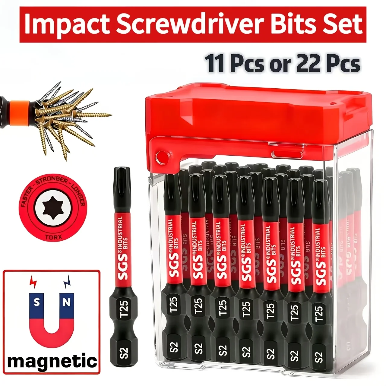 11/22-Piece T25 Torx Magnetic Screwdriver Bit Set, 50mm Extended S2 Steel Industrial-Grade Impact Bits, High Torque, Wear-Resistant, Rust-Proof Design, Strong Magnetic Attraction, Not Easy to Fall Off, Suitable for Precision Electronic Repairs, Automotive Assembly, Woodworking Machinery, Industrial Equipment Maintenance, DIY Crafts, Universal for Electric Drills and Power Tools