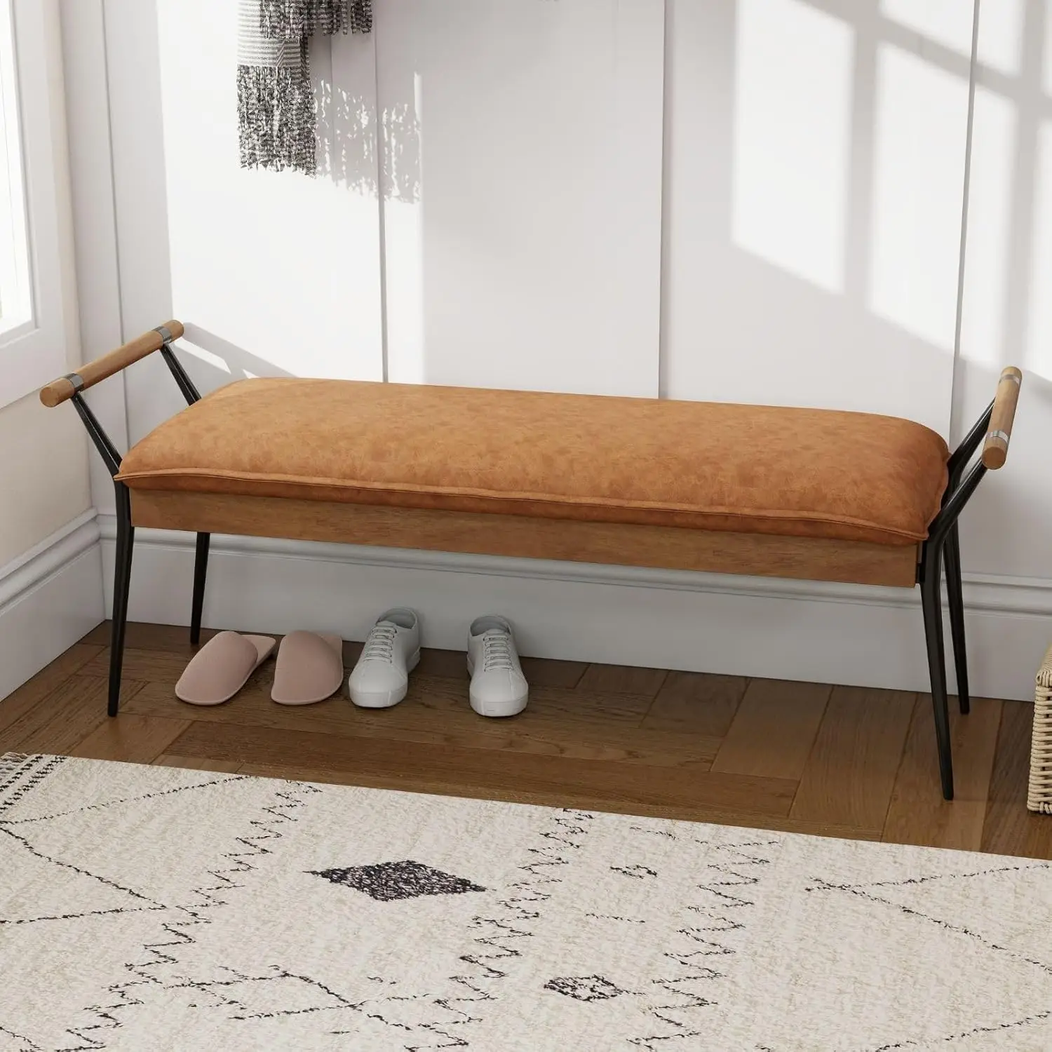 

Современная скамья для прихожей из искусственной кожи с подлокотниками, металлические ножки, пуфик для спальни, коричневый, на заказ