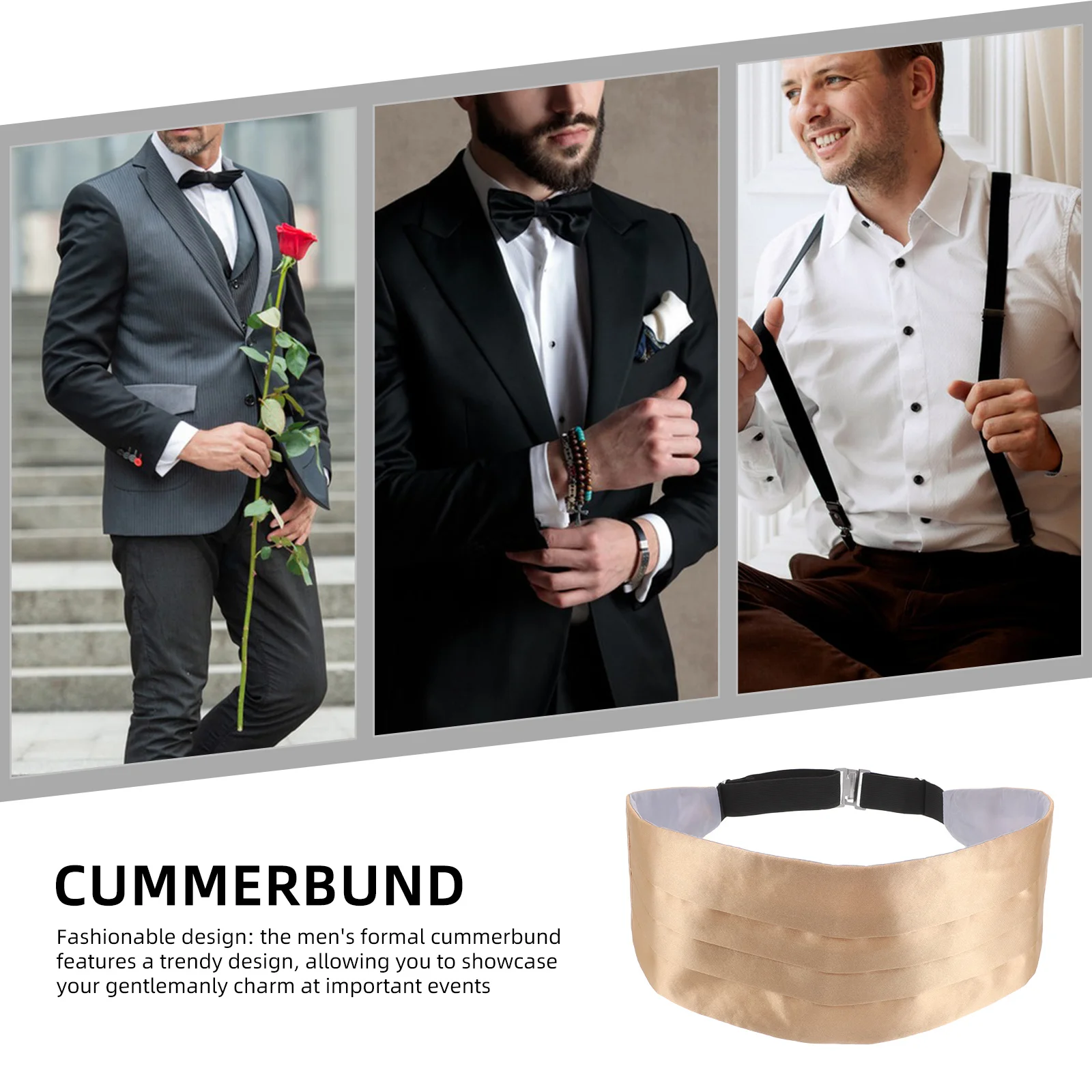 طقم Cummerbund الرسمي للرجال من الساتان حزام خصر مسبق قابل للتعديل لحفلات الزفاف وحفلات السهرة وحزام الملابس #3