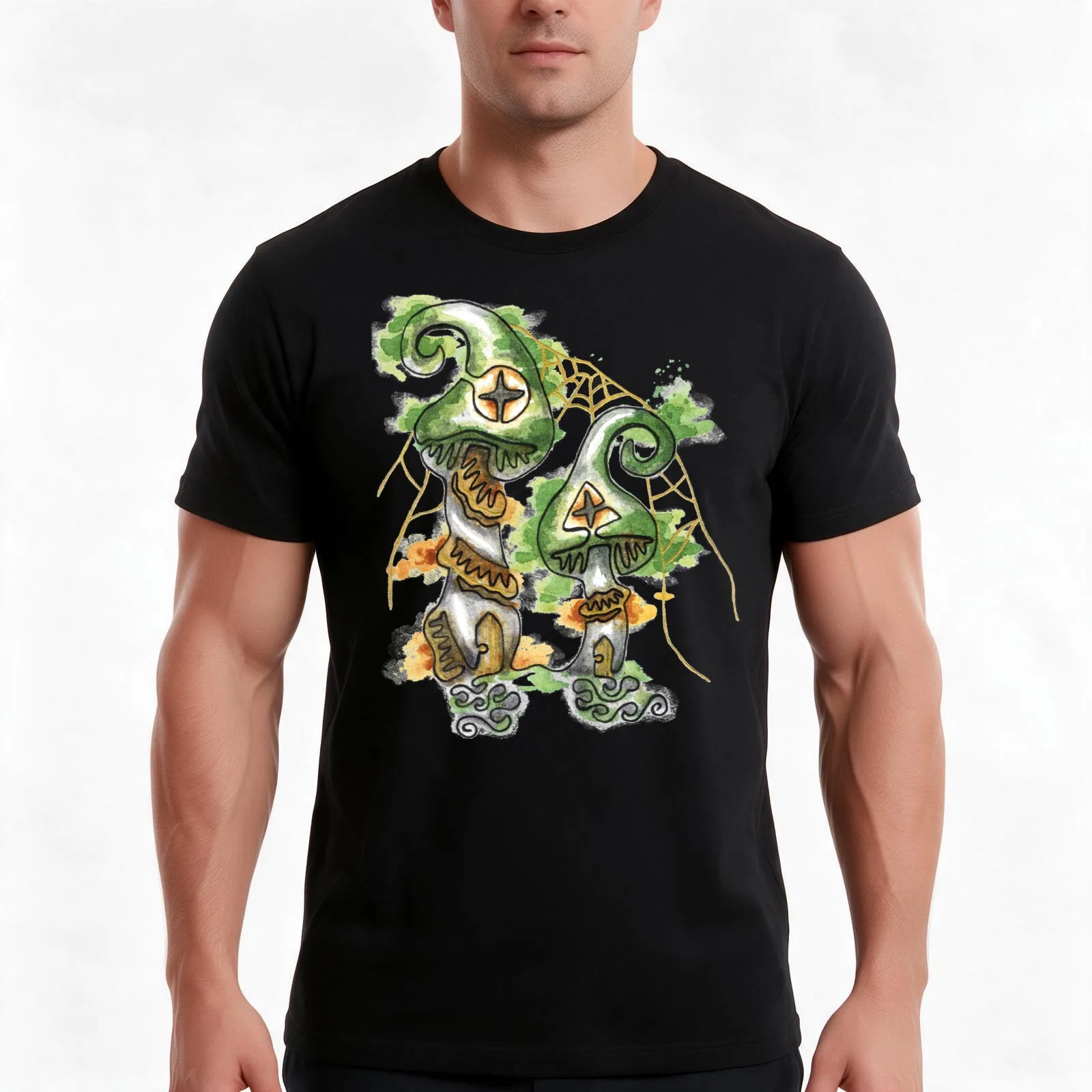Mushroom Fairy House Continuous Line Watercolor T-Shirt, Summer Casual Cotton Tee, Oversized Streetwear Tops, Unisex Men Women