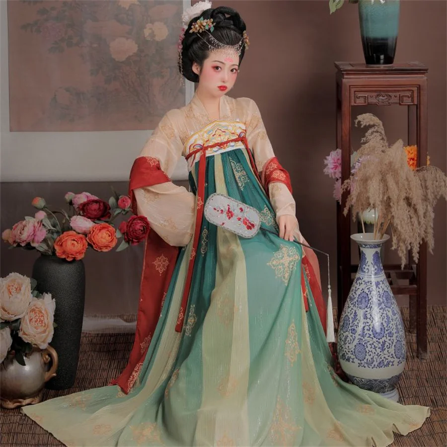 Fantasia de dança hanfu feminina, roupas elegantes, dinastia Tang, fada, delicadeza, estampada, estilo chinês, nova moda, 2024