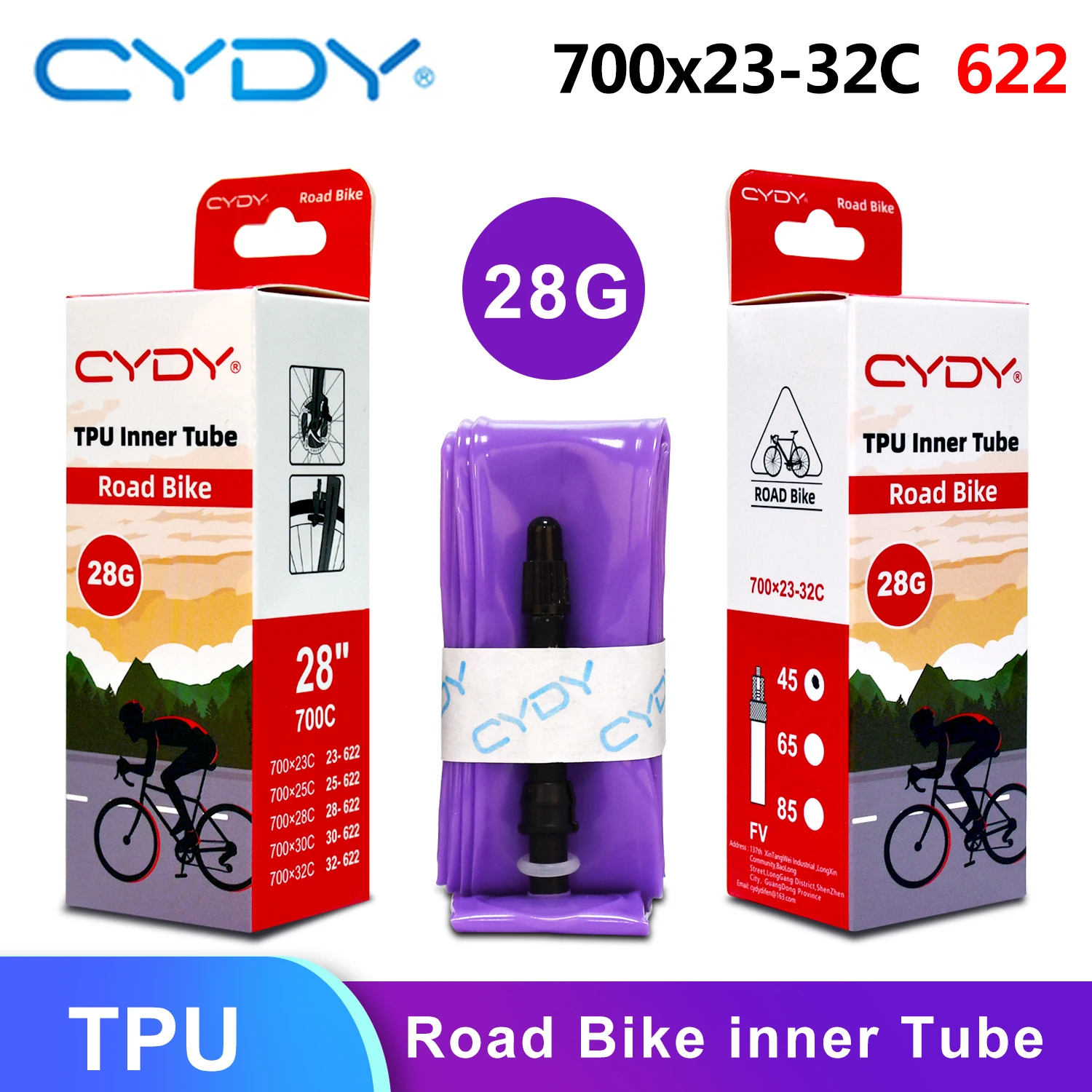 

CYDY 700C BIke Inner TPU Tube 700×23C 25C 28C 30C 32C Tire 45/65/85mm sv Road bicycle French Valve 28‘’ultralight inner penu 28g