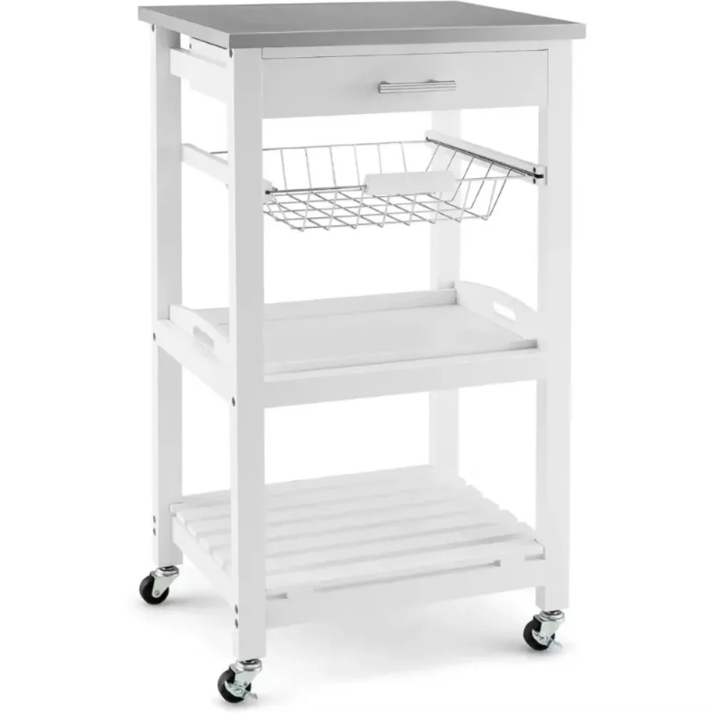 

Rolling Cart, 4-Tier Storage Carts w/Stainless Steel Tabletop, Basket, Tray & Slatted Shelf, Utility Trolley Cart