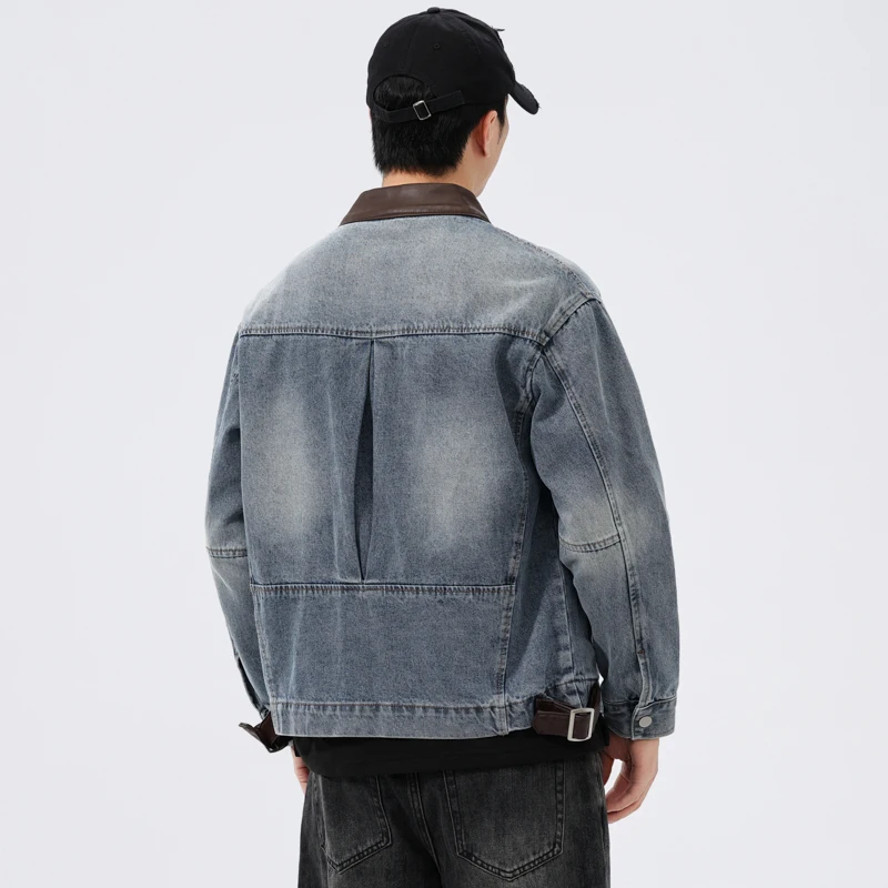 Stand Leather Collar Denim Jacket Men Fashion Vintage Loose Casual Washed Cotton Jeans Motorcycle Jacket Male Spring Autumn Coat view 4