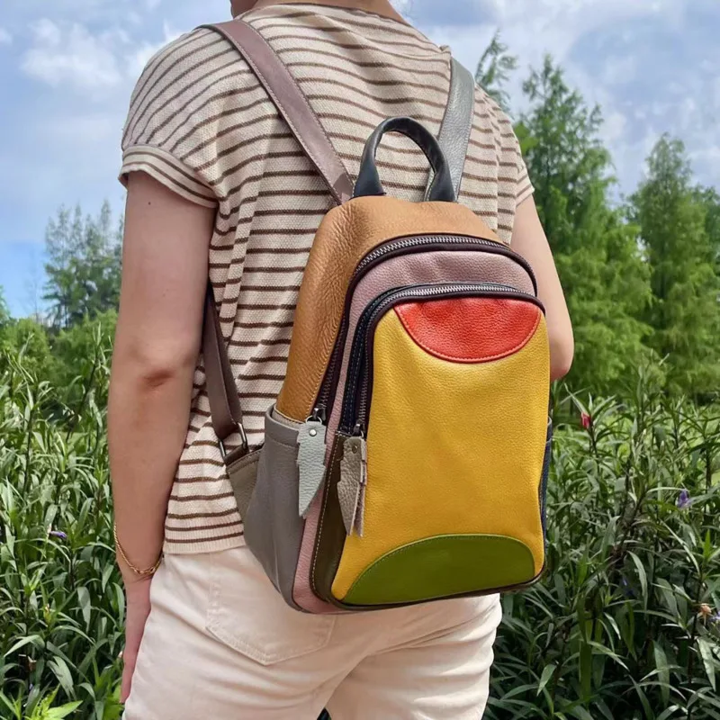 GAGACIA 2024 New Vintage Genuine Leather Backpack For Women\'s Big Capacity Casual Travel Bag Patchwork Student Cowhide Schoolbag