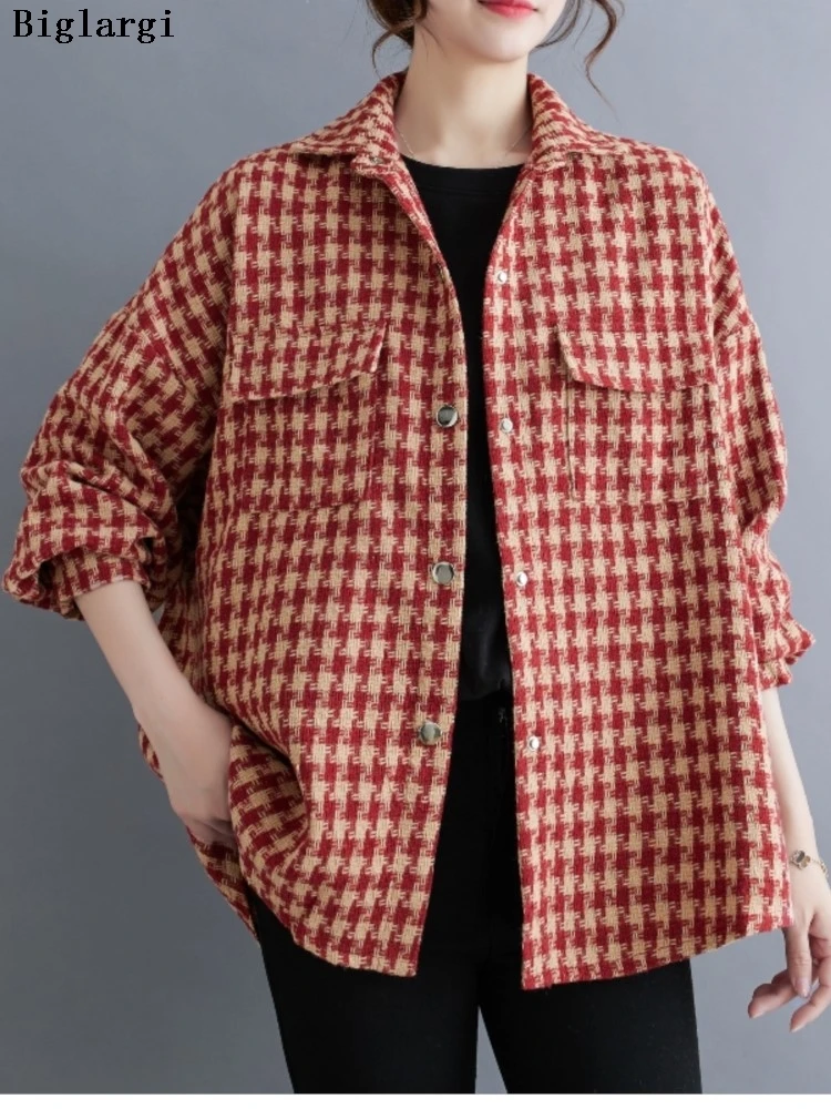 

Оверсайз, осенне-зимние рубашки, пальто, женские клетчатые принты с узором «гусиные лапки», модные женские куртки, свободные повседневные женские пальто с длинными рукавами