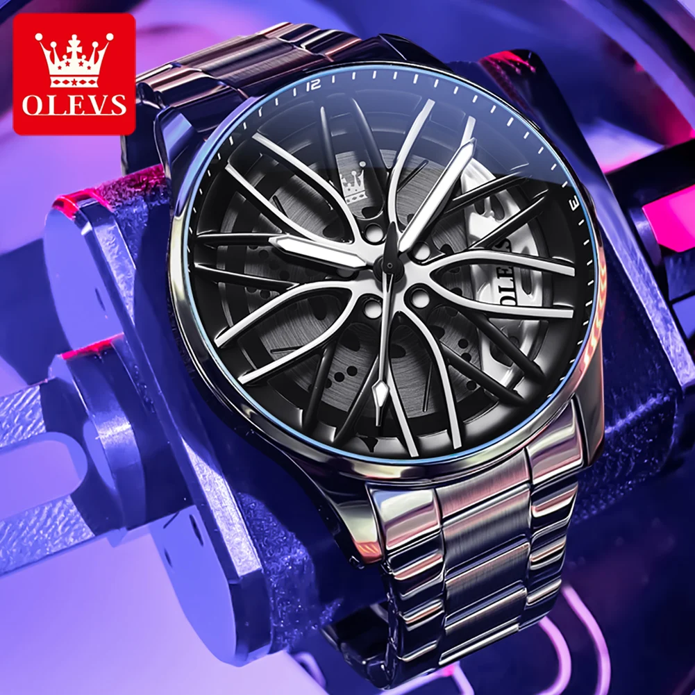 OLEVS Quartz Watch for Men 360° Rotary Dial Sport Car Rim Wheel Hub Waterproof Luminous Fashion Stainless Steel Men's Wristwatch