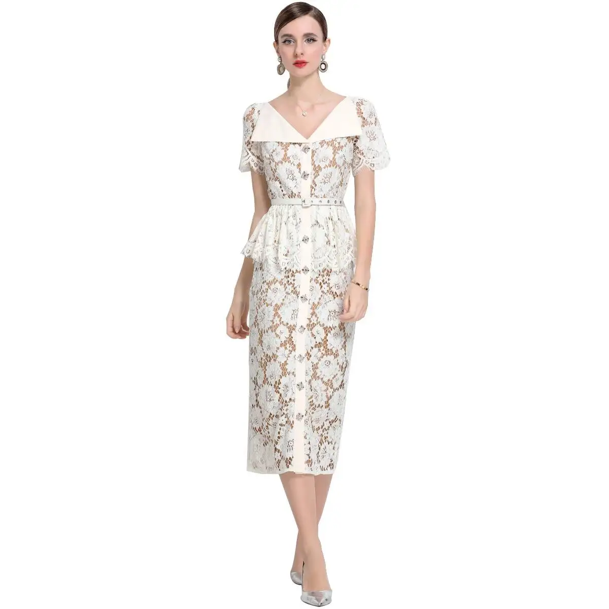 Borduren Formele Luxe Avondjurk Vrouwen Zomer Kristal Gehaakte Hol Korte Mouw Kant Lange Jurken Party Vestidos - afbeelding 2
