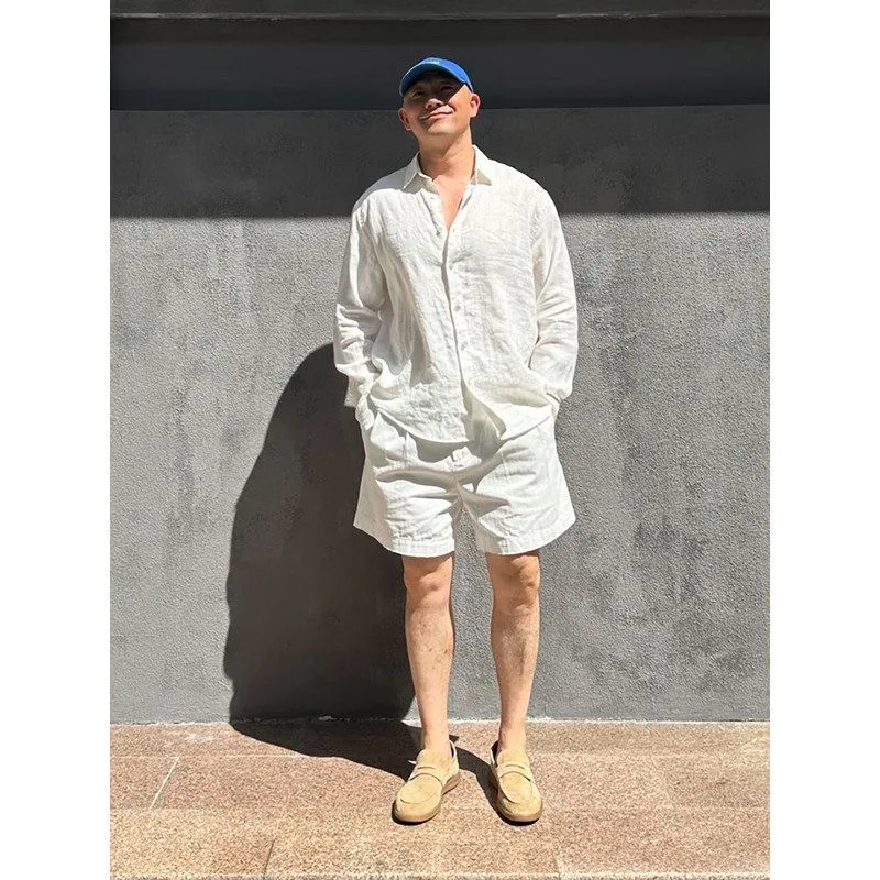 

Men's Light Sporty Linen Shirt Sun Protection Casual Wear Short Two-Piece Set Autumn Fashionable Youth Long Sleeve Pants