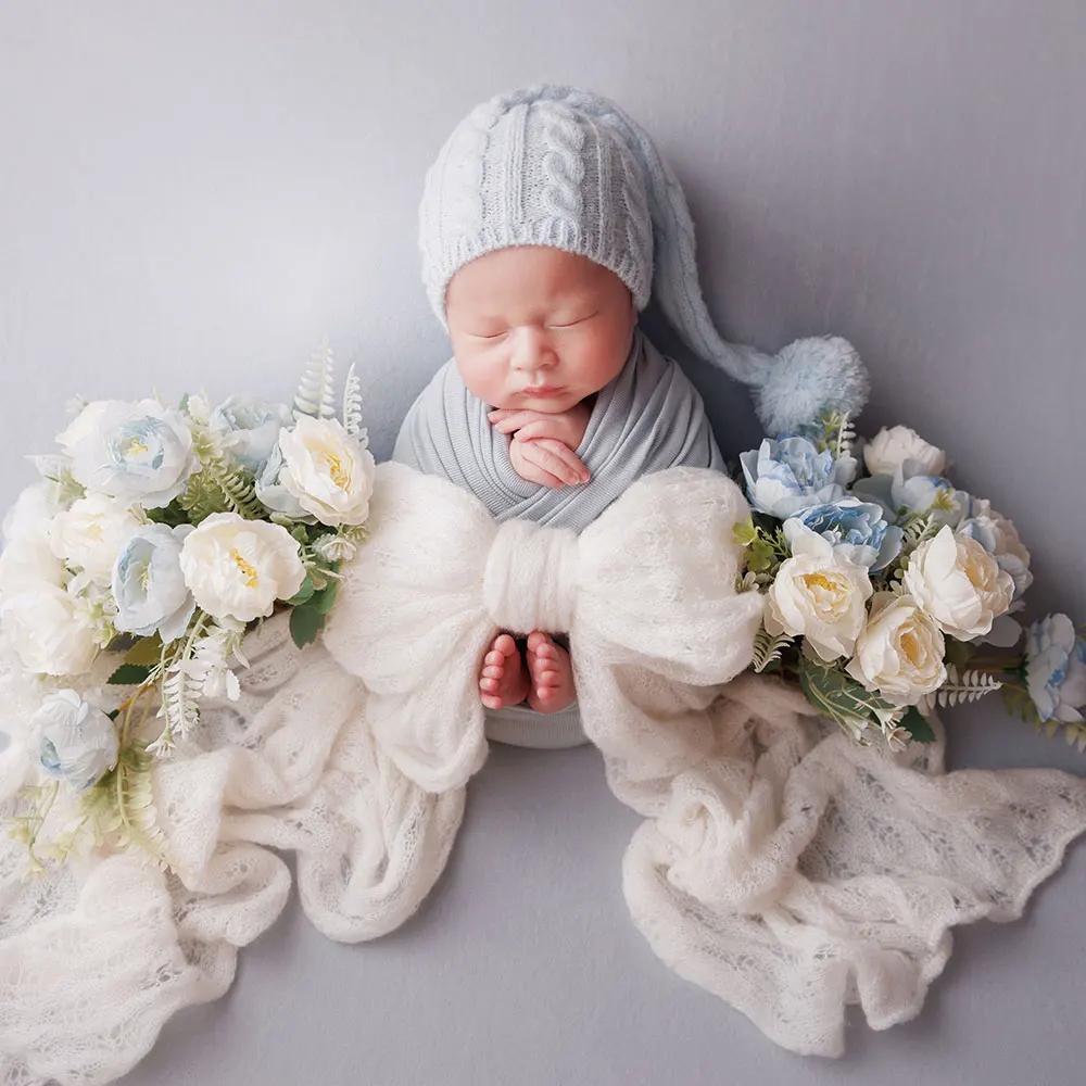 0-1 Month Newborn Photography Props Monet Garden Theme with Matching Hat Baby Girl Wrap and Floral Headband Felt Prop for Shoot