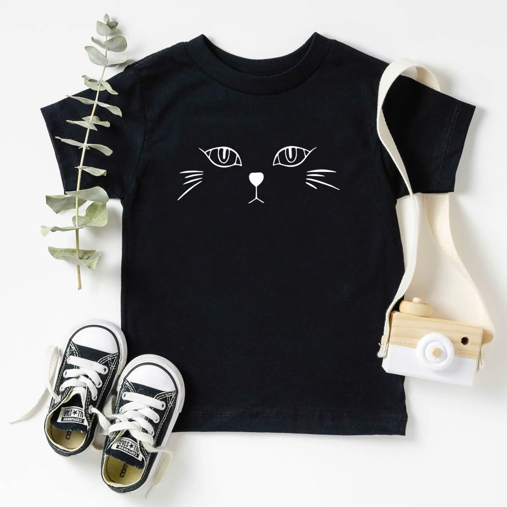 Милые рубашки для девочек, футболки с короткими рукавами и рисунком кота, повседневная хлопковая футболка с круглым вырезом, детские летние топы, одежда