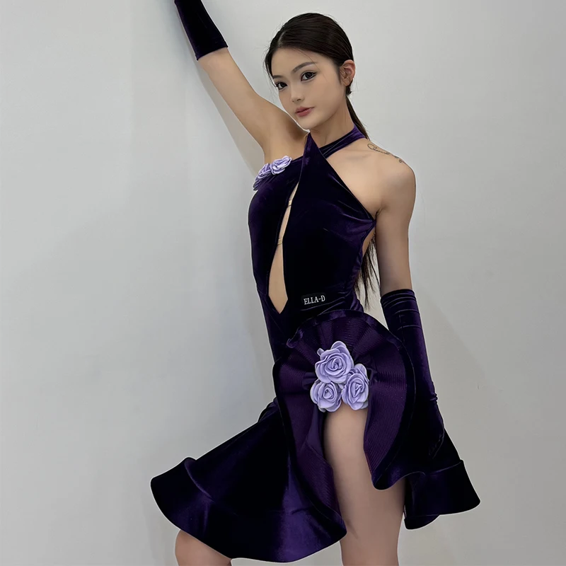 Kostium do tańca latynoamerykańskiego damski aksamitny kwiatowy strój rybia ość sukienka konkursowa Cha Cha Rumba Tango DNV24616