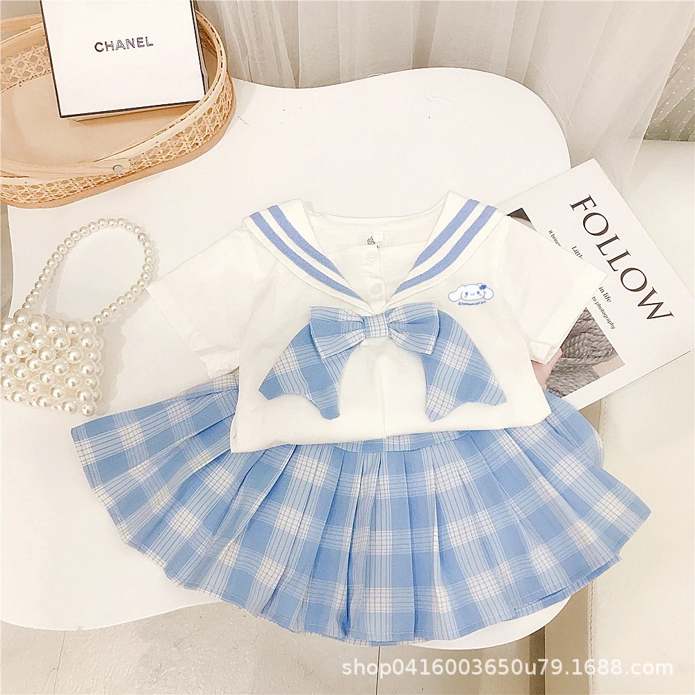 

Kawaii Sanrio Hello Kitty Cinnamoroll Children Jk Uniform Set Baby Girl Bow Tie Short Sleeve T-Shirt Pleated Skirt Short Skirt