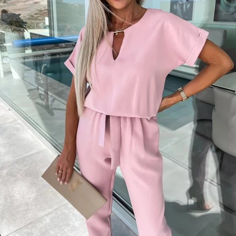 Spring Office Lady Elegant V-neck Hollow Short Sleeve Jumpsuit Women Summer Solid Tie Waist Jumpsuit Casual Skinny Jumpsuit