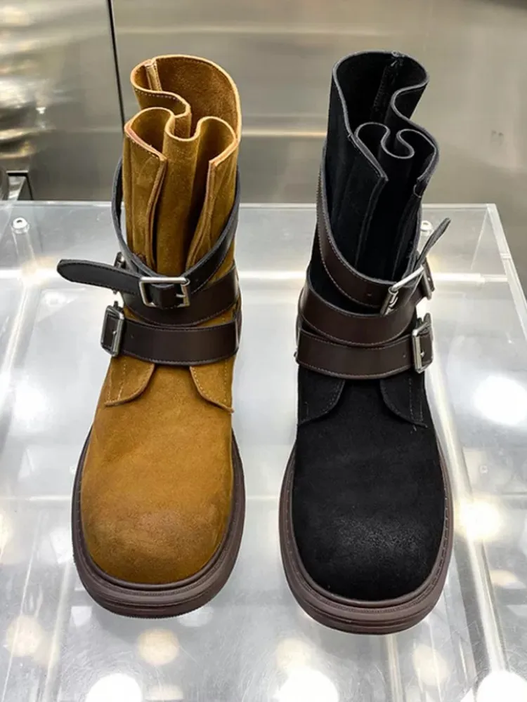 Vintage Autumn Women Buckle Strap High Top Moto Riding Boots Real Cow Suede Leather Ankle Boots Fleece Lining Work Safety Shoes