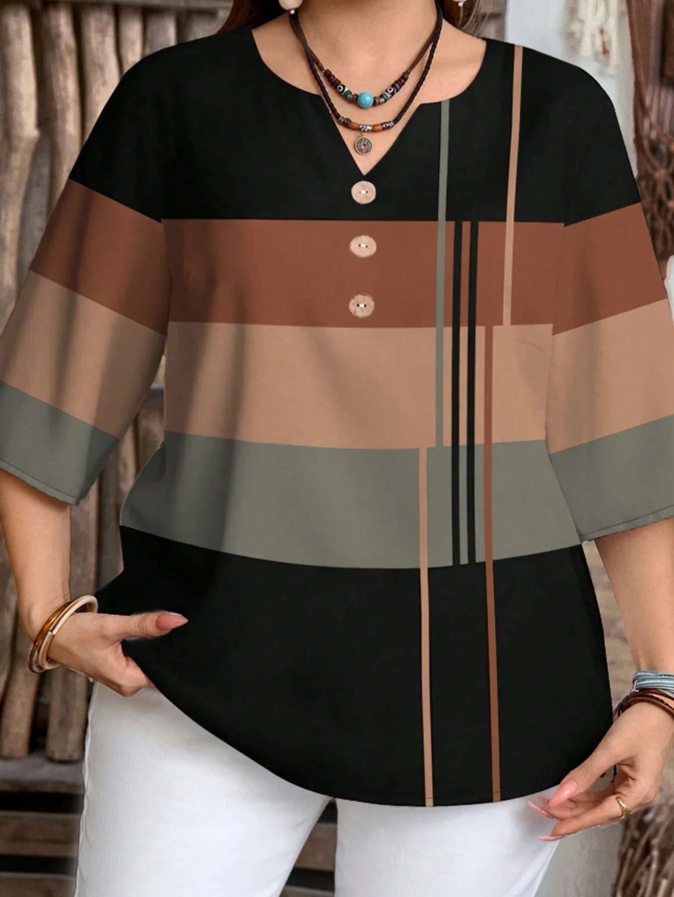 Plus-Size Damen Color-Block Minimalistisches Casual Kurzarm-Shirt Gestreiftes Halbarm-Oberteil Geeignet für Sommer und Herbst – Detail 6