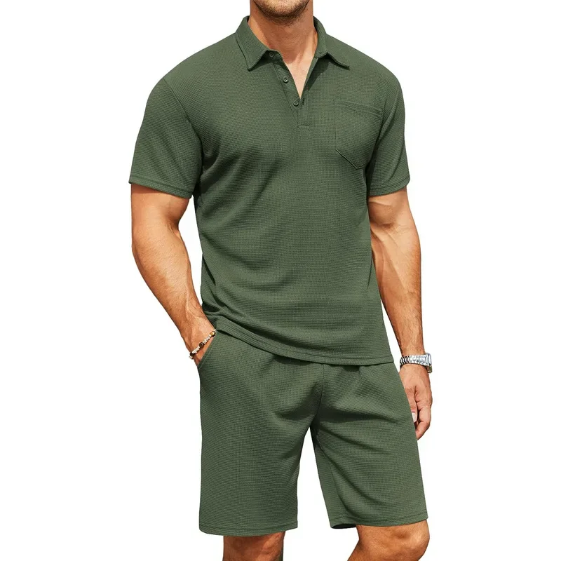 New Slim Fit Set Solid Color Polo Top Short Sleeve T-shirt Pocket Decoration Shorts Set for Men