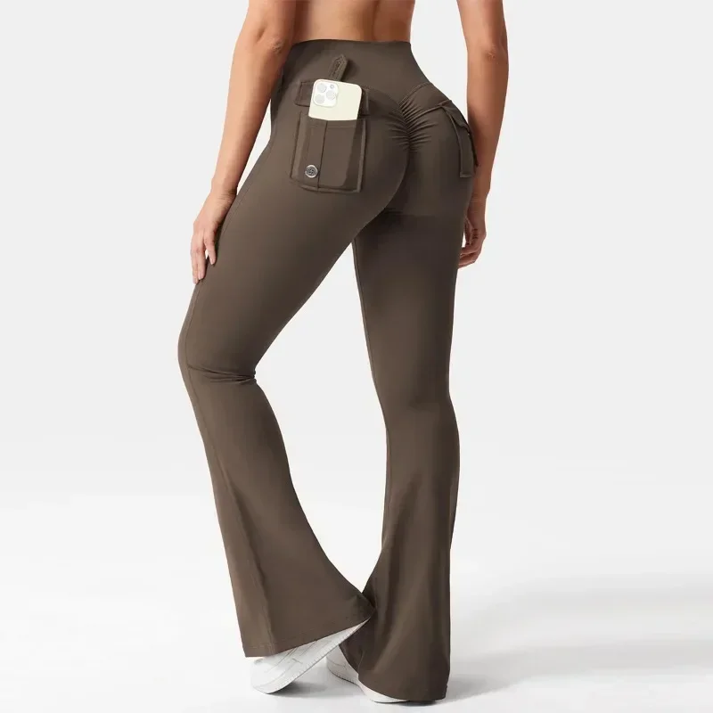 ฟิตเนสโยคะสําหรับสตรีกระเป๋า Scrunched GYM กางเกงขายาวเอวสูง BUTT Lifting Tights เซ็กซี่ Booty กางเกงขาสั้น Bell-bottoms