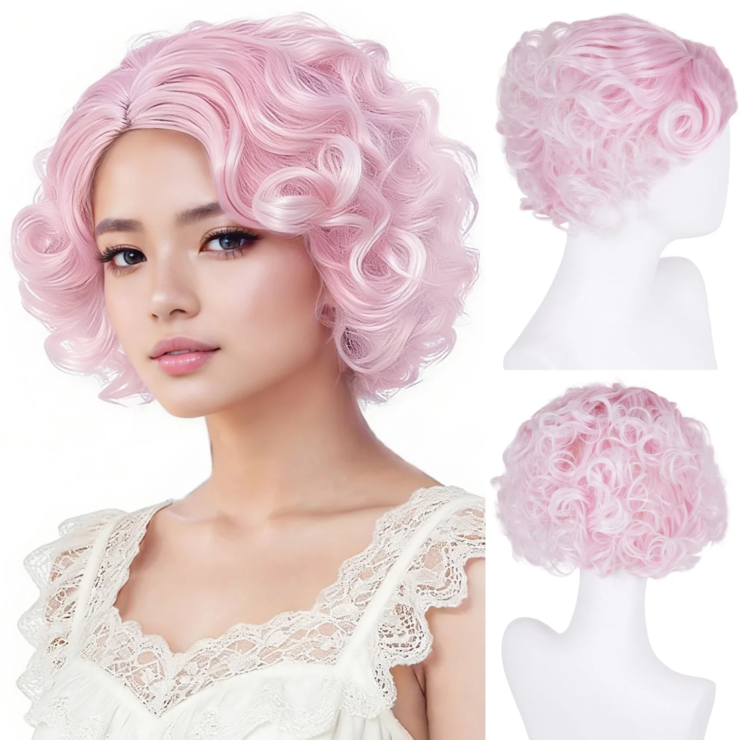 

Розовые парики омбре для женщин, синтетический короткий кудрявый многослойный парик с челкой, очаровательный розовый парик для косплея, костюм на Хэллоуин, для ежедневных вечеринок