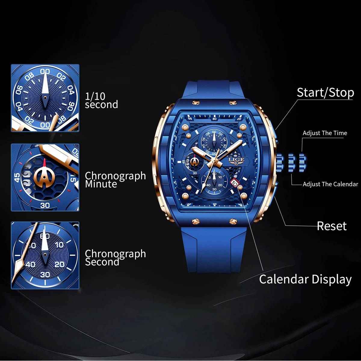 Reloj de pulsera LIGE para hombre, cronógrafo deportivo de silicona azul, relojes de cuarzo luminosos resistentes al agua para hombre, reloj con calendario automático