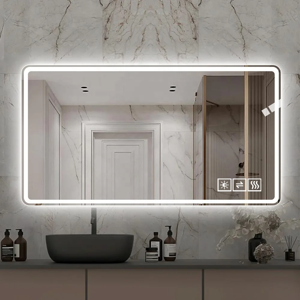 

48*32 Inch Modern LED Anti-Fog Lighted Vanity Mirror 3 Colors 5 Level Dimmable Wall Mounted for Hotel Bathroom Use