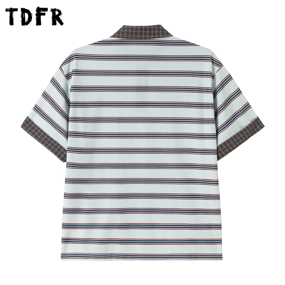 Contrast Paneled Striped Short Sleeve Polo Shirts Mens Summer Casual Retro Loose Half-Sleeve Tee Man