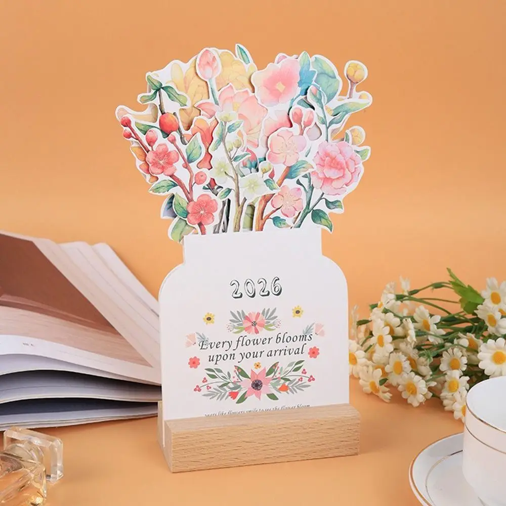 

Wooden Base 2026 Desktop Calendar Vase Shaped Floral Theme Monthly Planner DIY Detachable Base Standing Calendar
