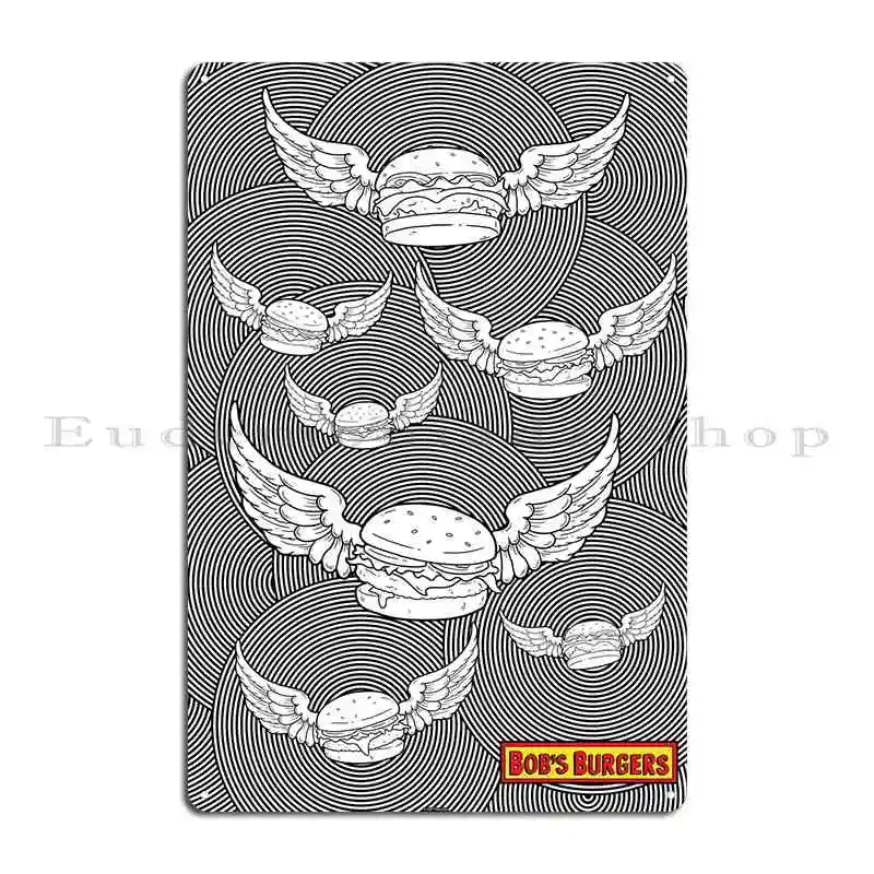 Flying Burgers Black And White Metal Plaque Poster Printed Party Wall Decor Cave Wall Mural Tin Sign Poster