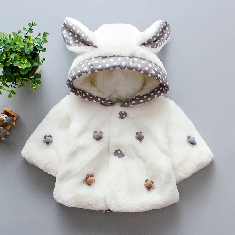 Baby Girl\'S Winter Cute Flower Coat, Sweet Rabbit Ear Plush Warm Hooded Long Sleeved Coat (0-3 Years Old)