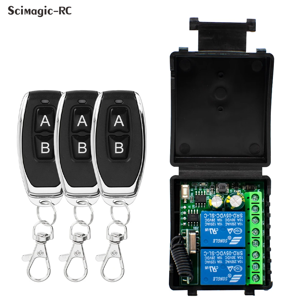 2CH 12V/24V 6-30V 85V-265V433MHz  Relay Remote Switch + Two Keys Keyfob for Garage Door Opener Light Curtain Motor