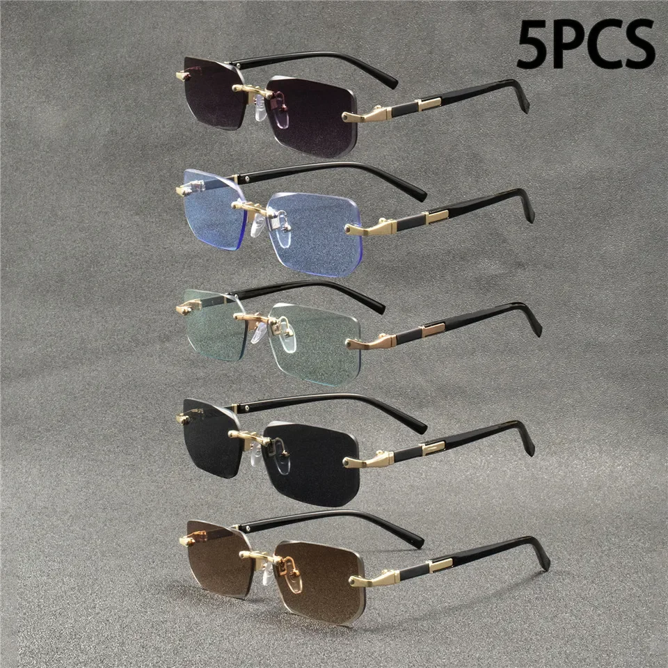 

5PCS Rimless Sunglasses Rectangle Fashion Popular Women Men Shades Small Square Sun Glasses For Female male Summer Traveling