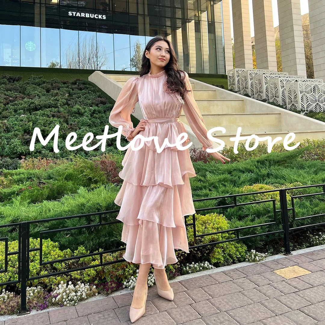 

Meetlove 2024 Elegant Women A-Line High Neck Long Sleeves Tiered Ankle Length Prom Dress Wedding Party Dress Cocktail Dress