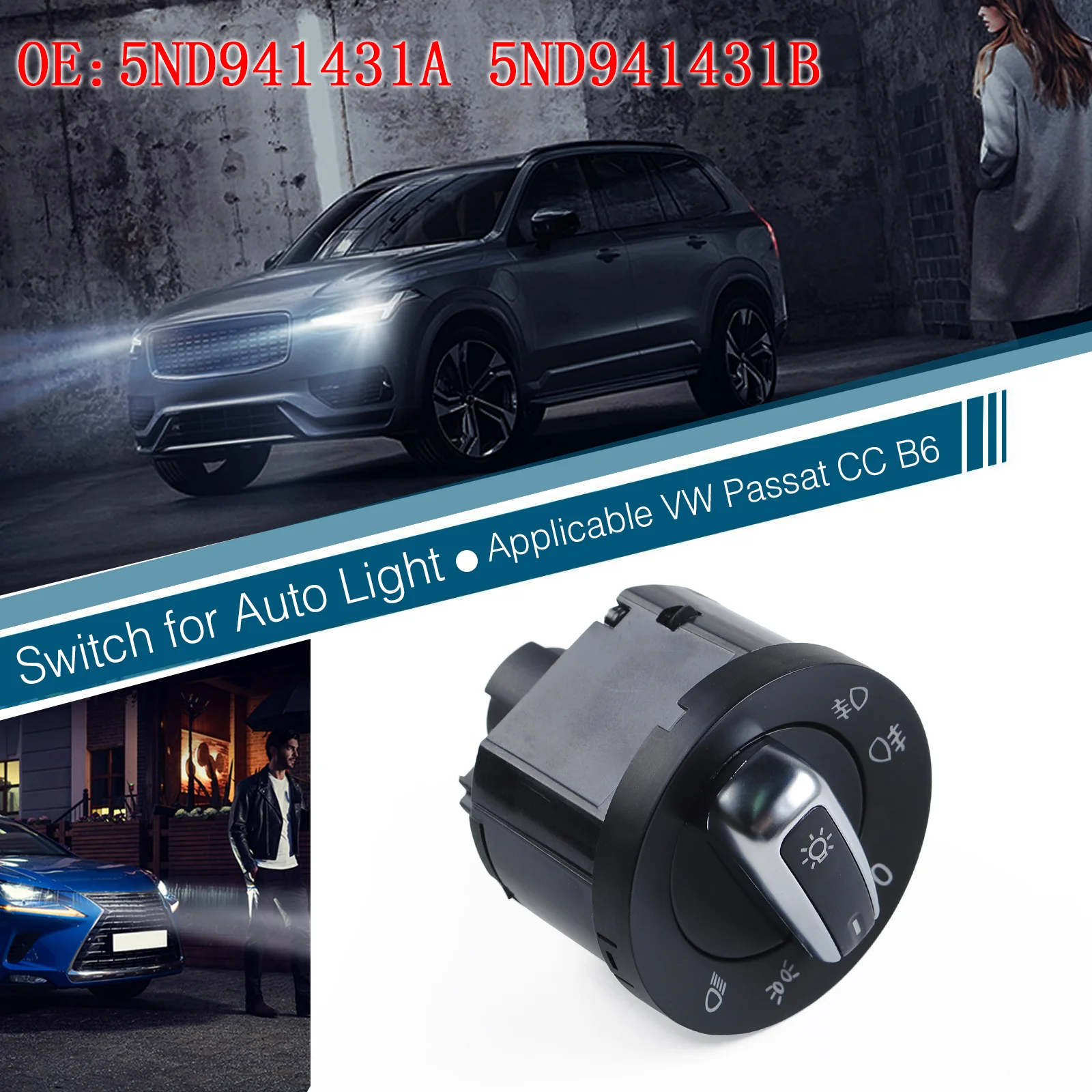

5ND941431A 5ND941413B Automotive Automatic Headlight Switch,Suitable for Volkswagen Golf,Jetta,Passat MK5,MK6,Premium Materials