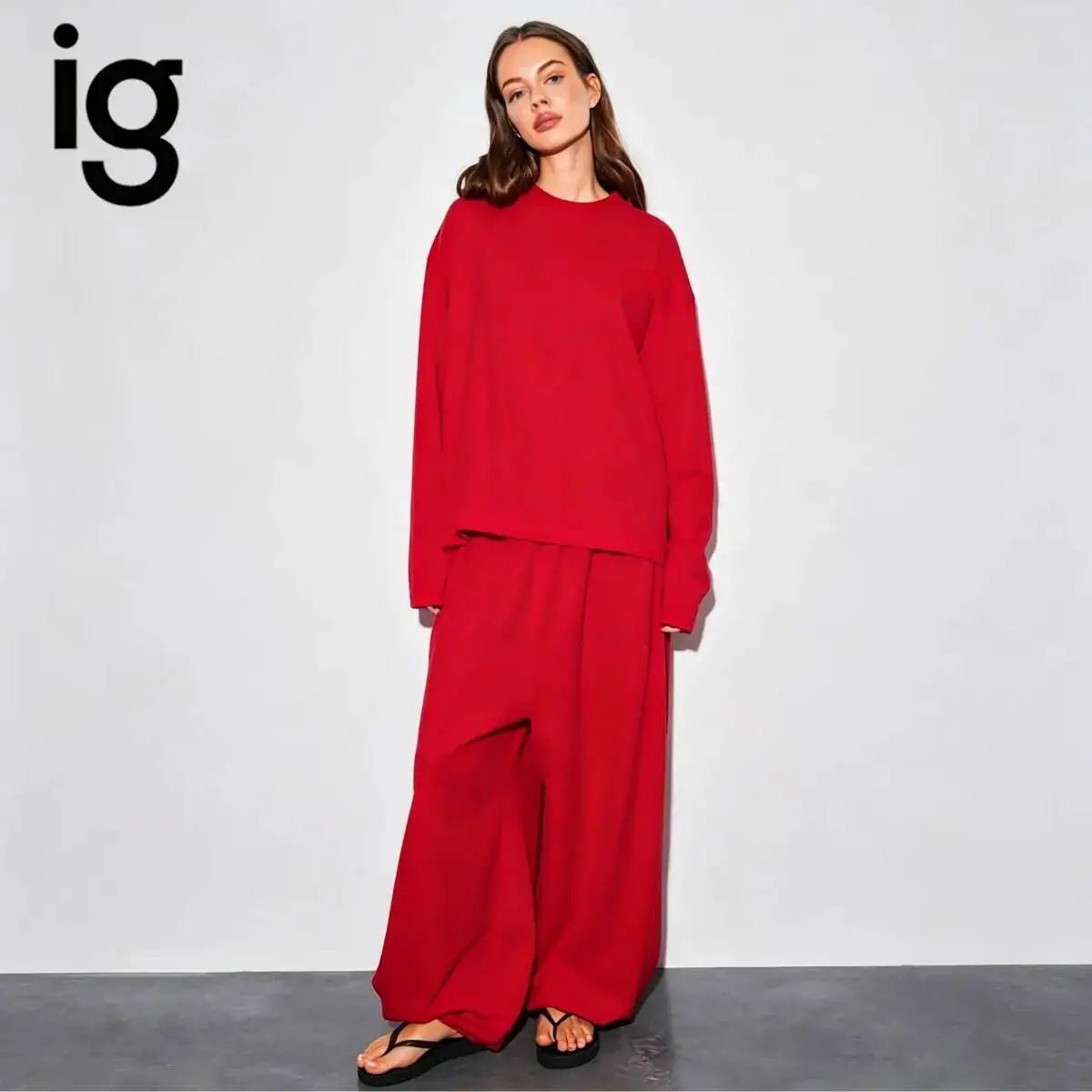 IG Women Knit 2 Piece Loungewear Set Loose Crew Neck Long Sleeve Sweater Top Elastic High Waist Wide Leg Pants Casual Knitted