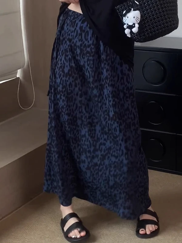 

Retro Leopard Print f Skirt Women's Loose plus Size Dstring High Waist Slimming A-Line Straight Long Skirt