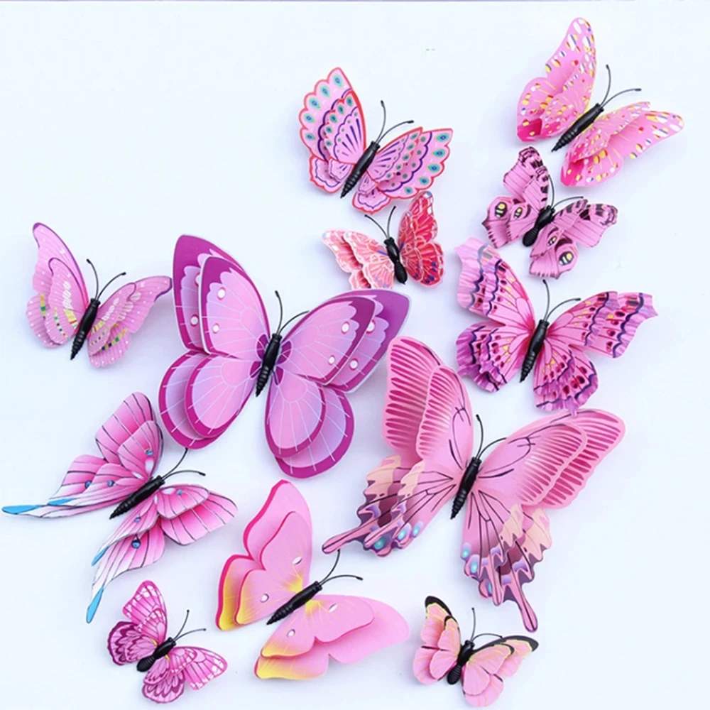 12Pcs Blue 3D Butterflies Wall Stickers Wedding Kids Room Decoration DIY Wall Art Magnet Double Layer Stickers Living Room Decor